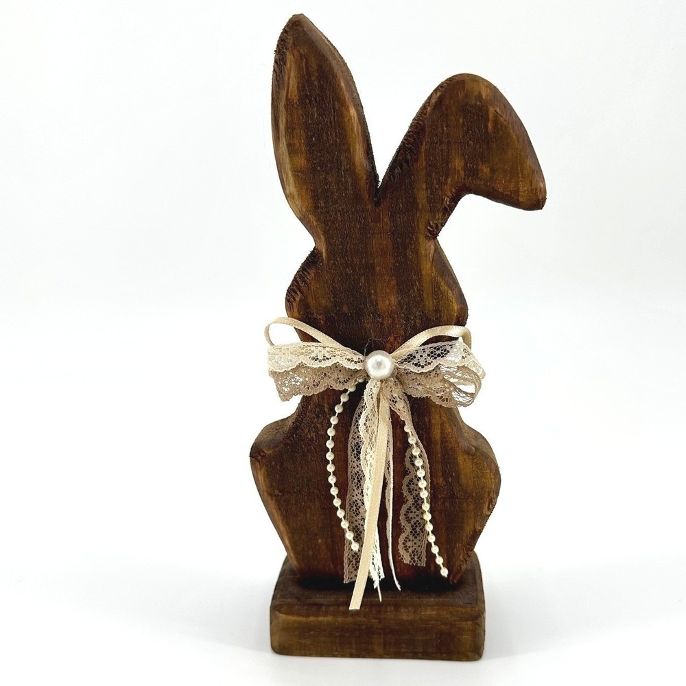 Handmade Wooden Bunny Figurine Rustic Easter Decor Lace Pearl Accent Brown